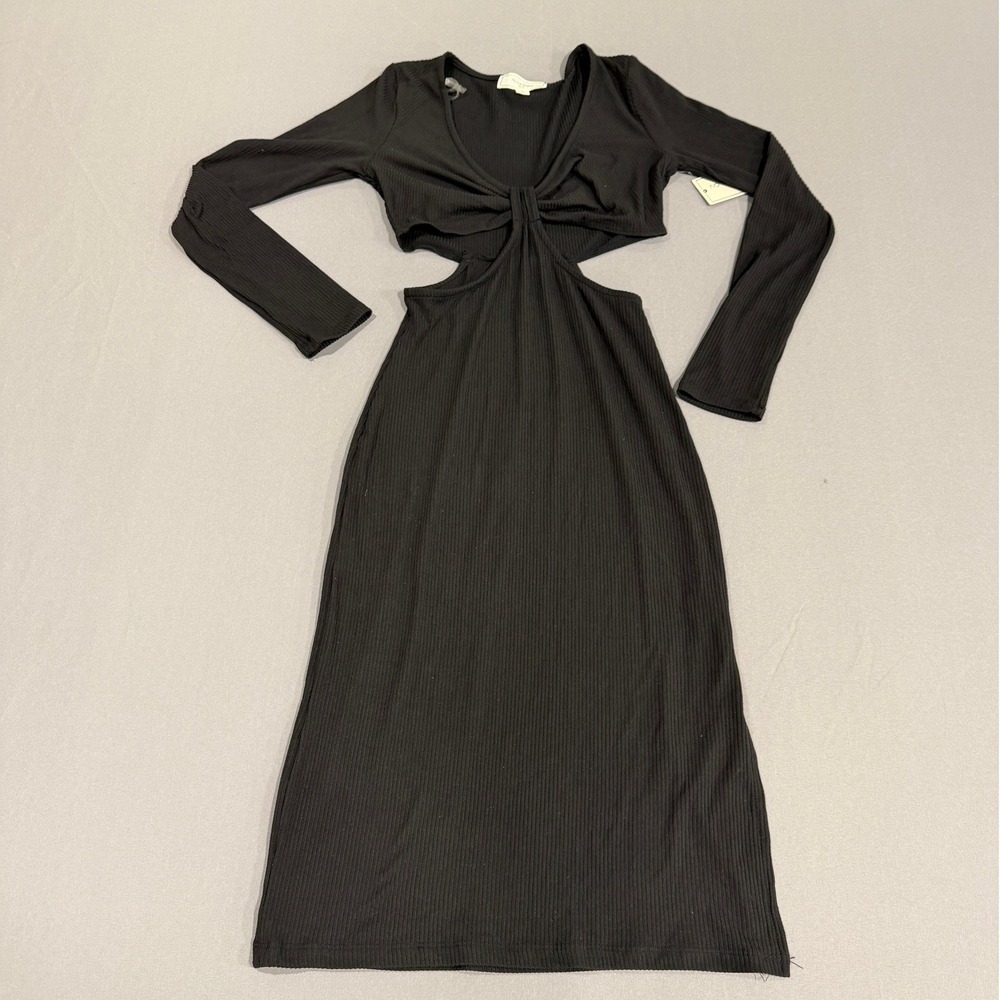 No Comment Black Ribbed Cutout Twist Front Long‎ Sleeve Maxi Dress M